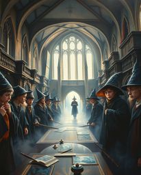 A breathtaking oil painting showcases a magical school brimming with young wizards.  Rendered in an epic scale, the artwork f