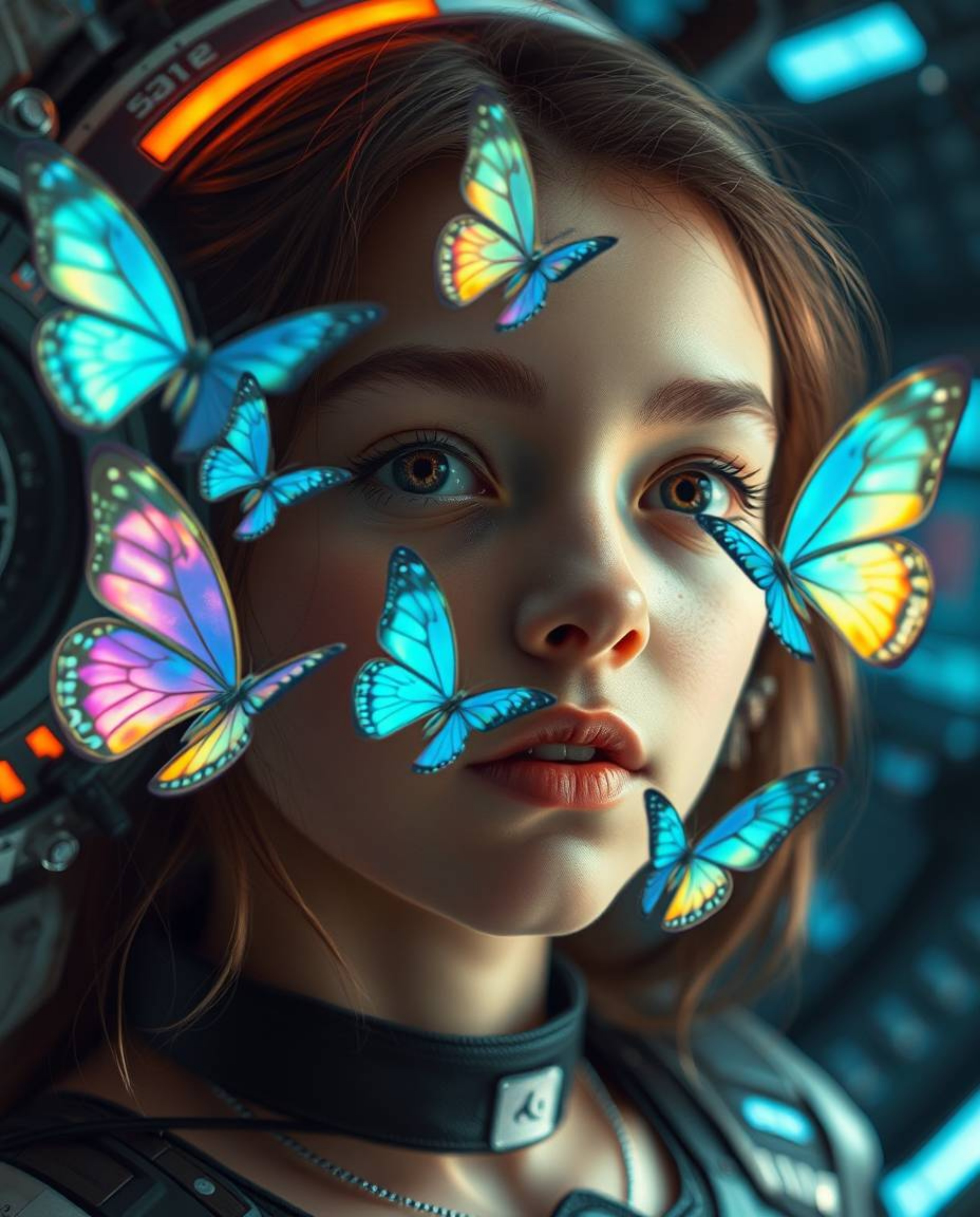 A captivating close-up image in a futuristic sci-fi style depicts a girl with delicate features releasing iridescent butterfl