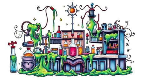 A vibrant and intricately detailed tattoo art print depicting a slime-covered science lab. This retro-styled design features 