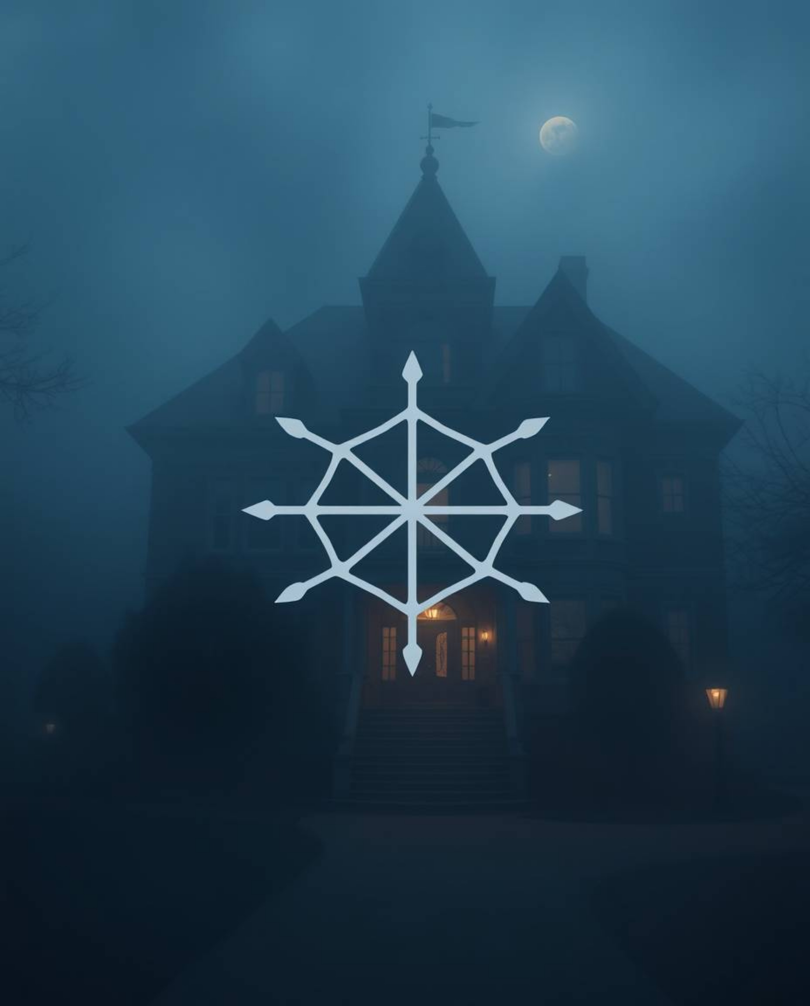 A fog-covered Victorian mansion under moonlight evokes a sense of mystery and classic beauty. The soft cinematic haze enhance