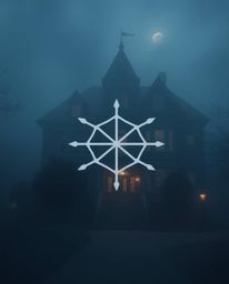 A fog-covered Victorian mansion under moonlight evokes a sense of mystery and classic beauty. The soft cinematic haze enhance