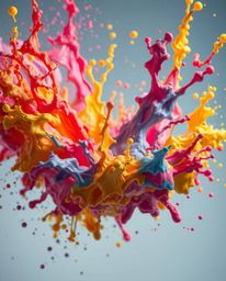 Experience a dreamlike, surreal world captured in vibrant detail. This image showcases colorful paint suspended in mid-air, f