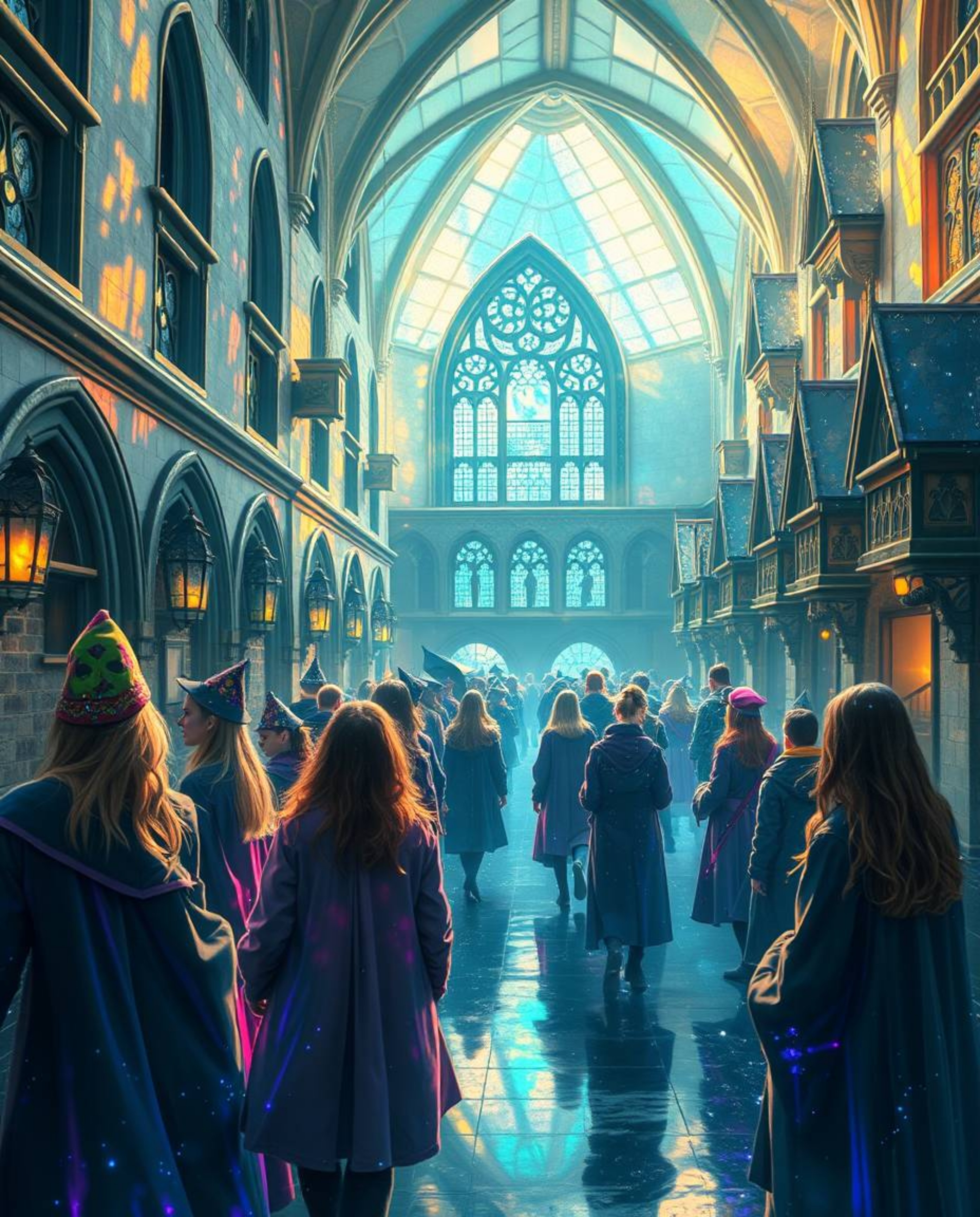 Explore a magical school brimming with young wizards, bathed in the ethereal glow of shimmering, iridescent colors reflecting