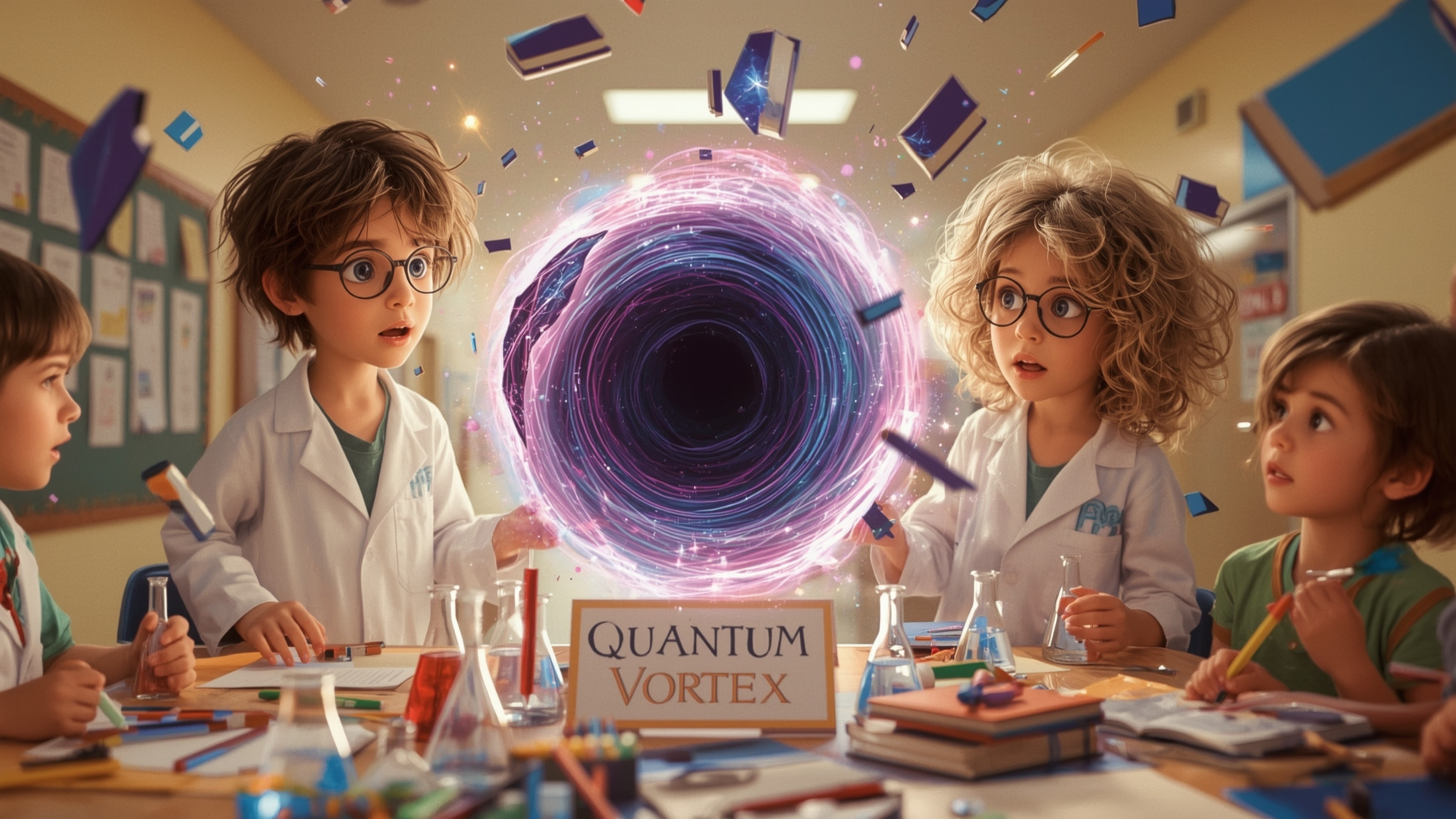 A vibrant and dynamic Pixar-inspired cinematic photo captures a science fair duo, a boy and a girl in matching lab coats, ami
