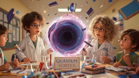 A vibrant and dynamic Pixar-inspired cinematic photo captures a science fair duo, a boy and a girl in matching lab coats, ami
