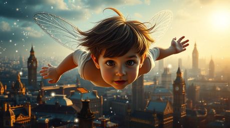 A young boy with cherubic features flies amidst sparkling pixie dust above the detailed cityscape of London. This striking im