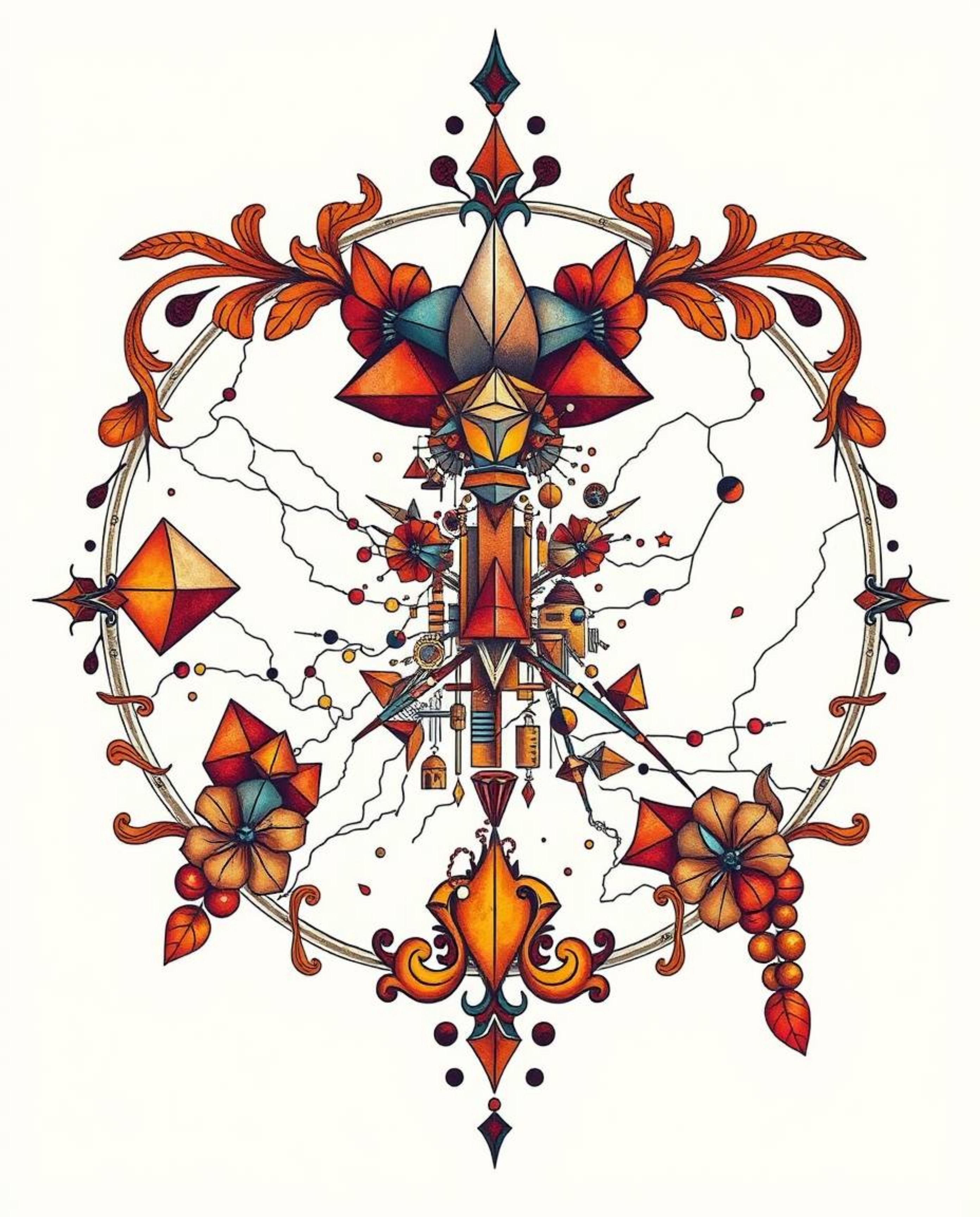 This vibrant retro tattoo art print showcases an abstract city map constructed from geometric shapes, rendered in a tradition