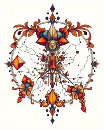 This vibrant retro tattoo art print showcases an abstract city map constructed from geometric shapes, rendered in a tradition