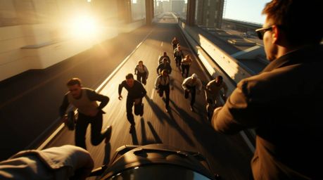 Experience a thrilling, high-angle chase scene brought to life with exaggerated squash and stretch animation.  Strong, hard l