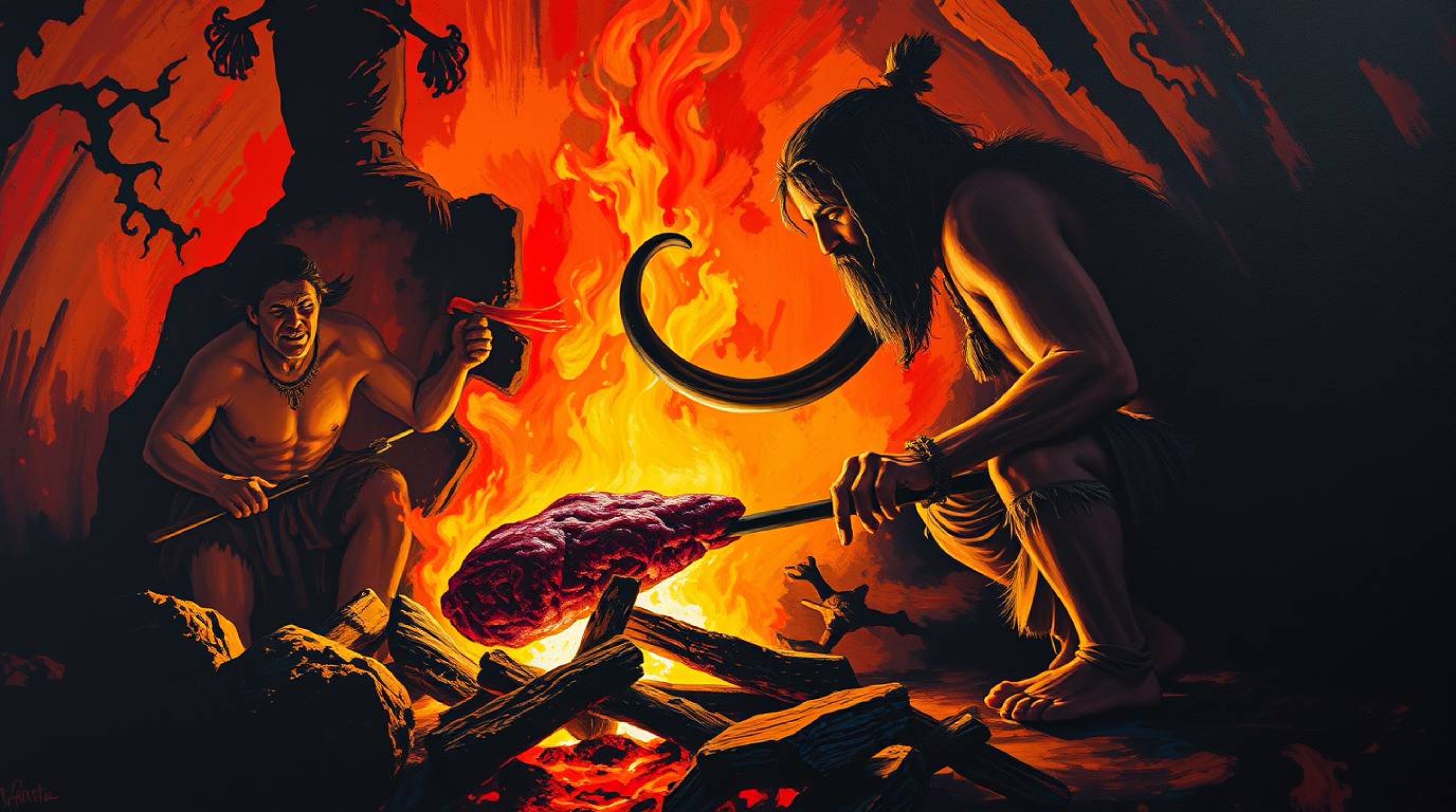 A bold acrylic painting depicting a caveman cooking mammoth meat over a fire using high contrast, low-key lighting, and vibra