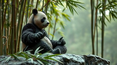 A captivating bronze sculpture depicting a martial artist panda in deep meditation within a bamboo forest.  Crafted with a dr