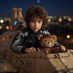 A captivating high-fashion photography series showcasing a young boy with vibrant blue eyes and curly brown hair immersed in 