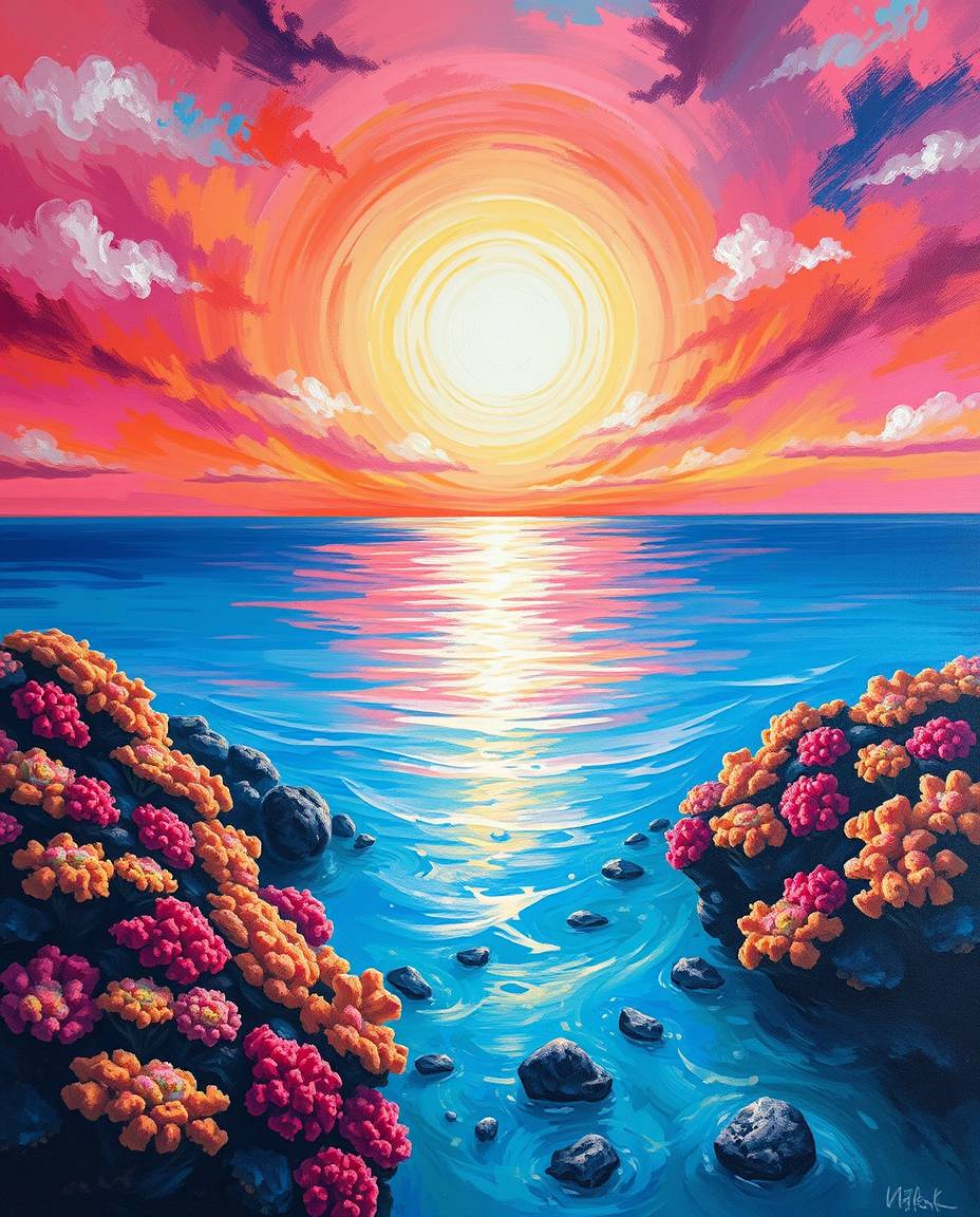 A bold acrylic painting of a coral reef at low tide, imbued with an ethereal and spiritual vibe. The artwork features a color
