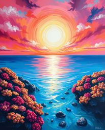 A bold acrylic painting of a coral reef at low tide, imbued with an ethereal and spiritual vibe. The artwork features a color