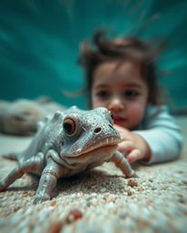 This captivating image captures an unlikely friendship between a child and a sea creature in an extreme macro close-up. The l