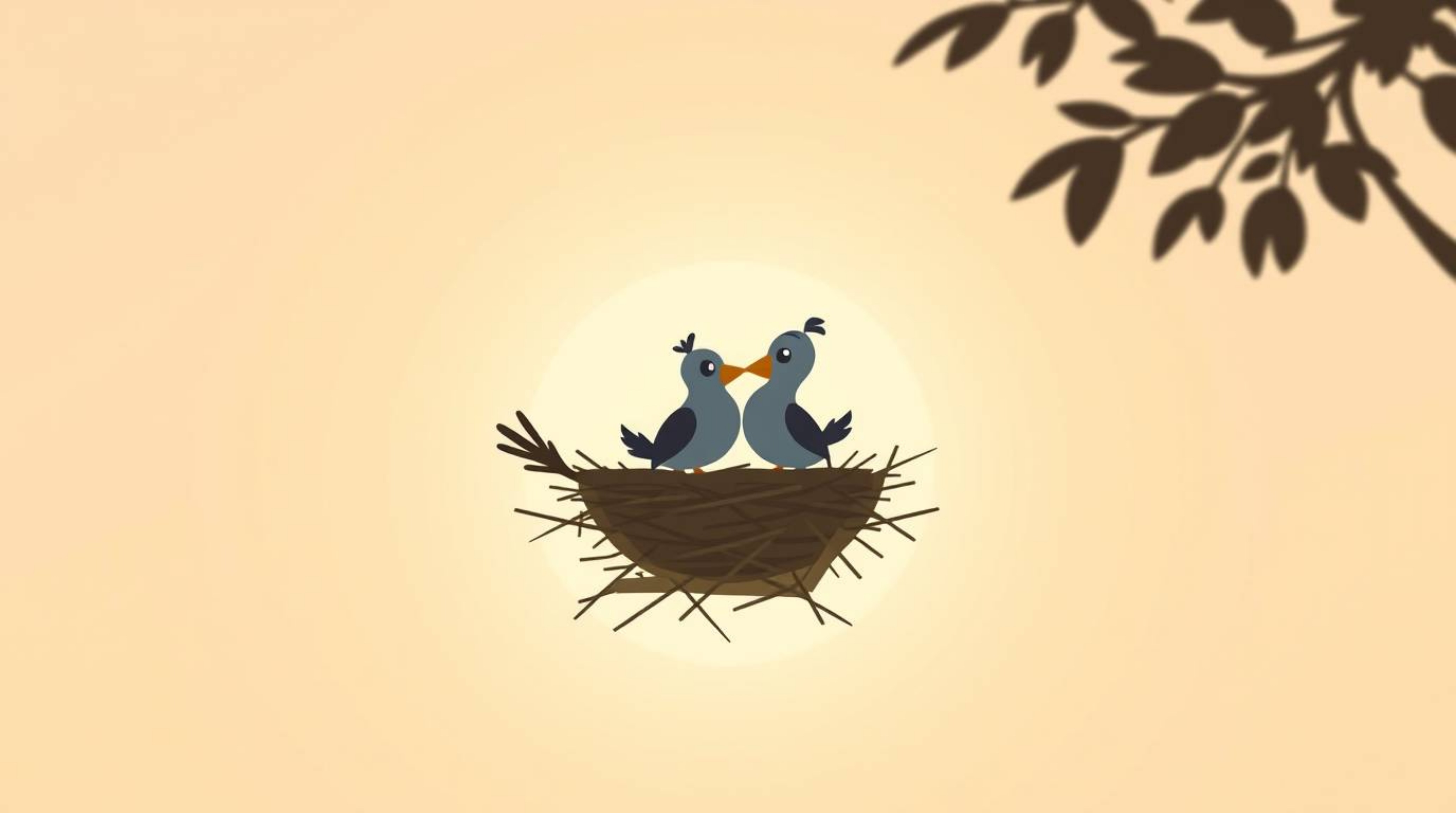 Delightful animation showcasing two cartoon birds diligently constructing a nest against a soft pastel backdrop. The classic