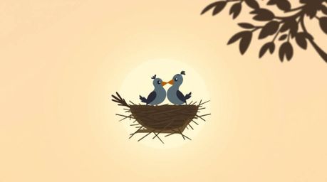 Delightful animation showcasing two cartoon birds diligently constructing a nest against a soft pastel backdrop. The classic