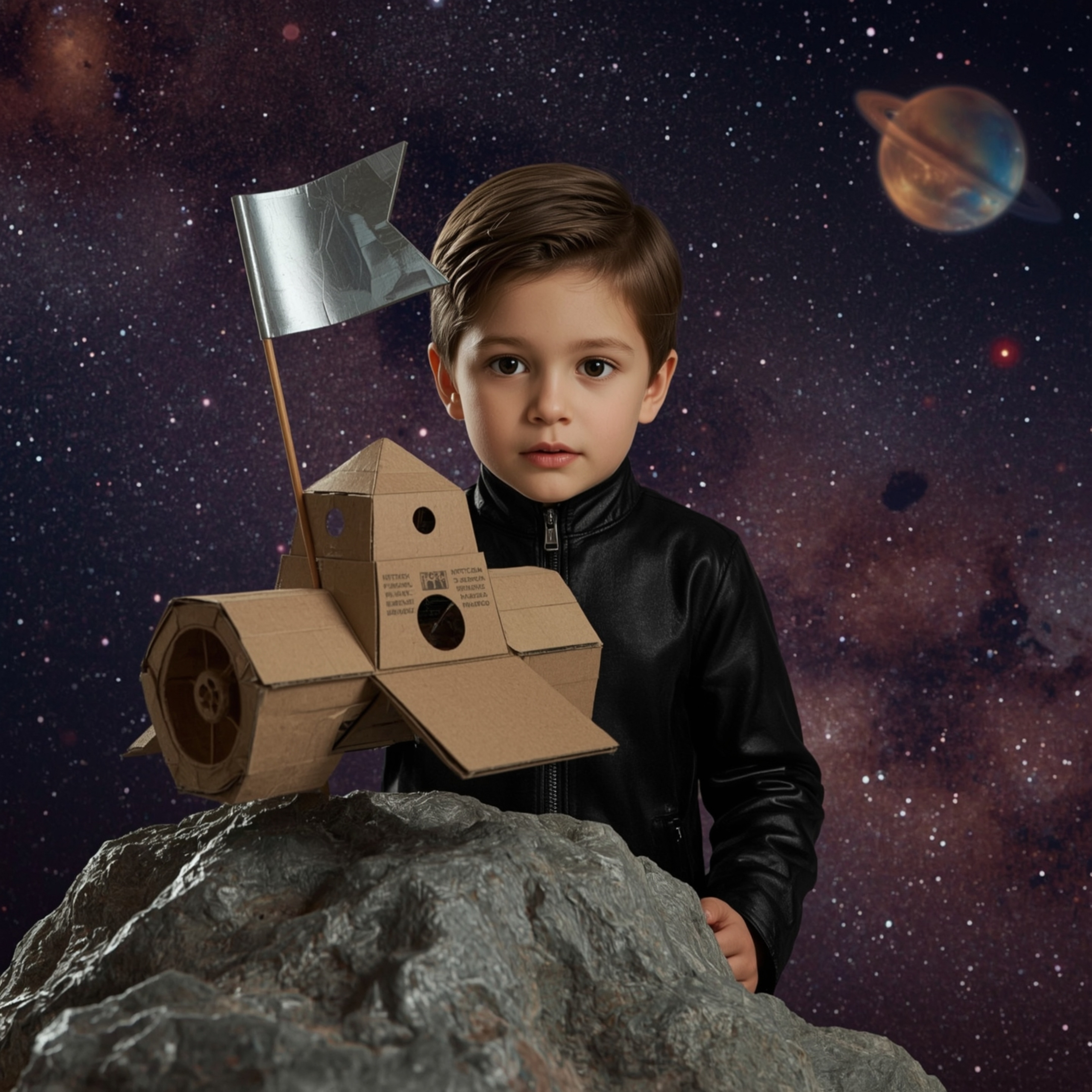 A stunning high-fashion photograph in the style of Pixar depicts a young boy with captivating eyes, building an elaborately d