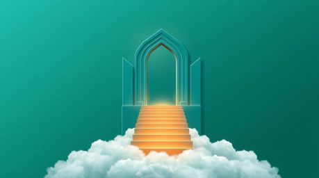 A captivating teal logo design features geometric shapes and clean lines, depicting a heavenly gate floating above clouds wit