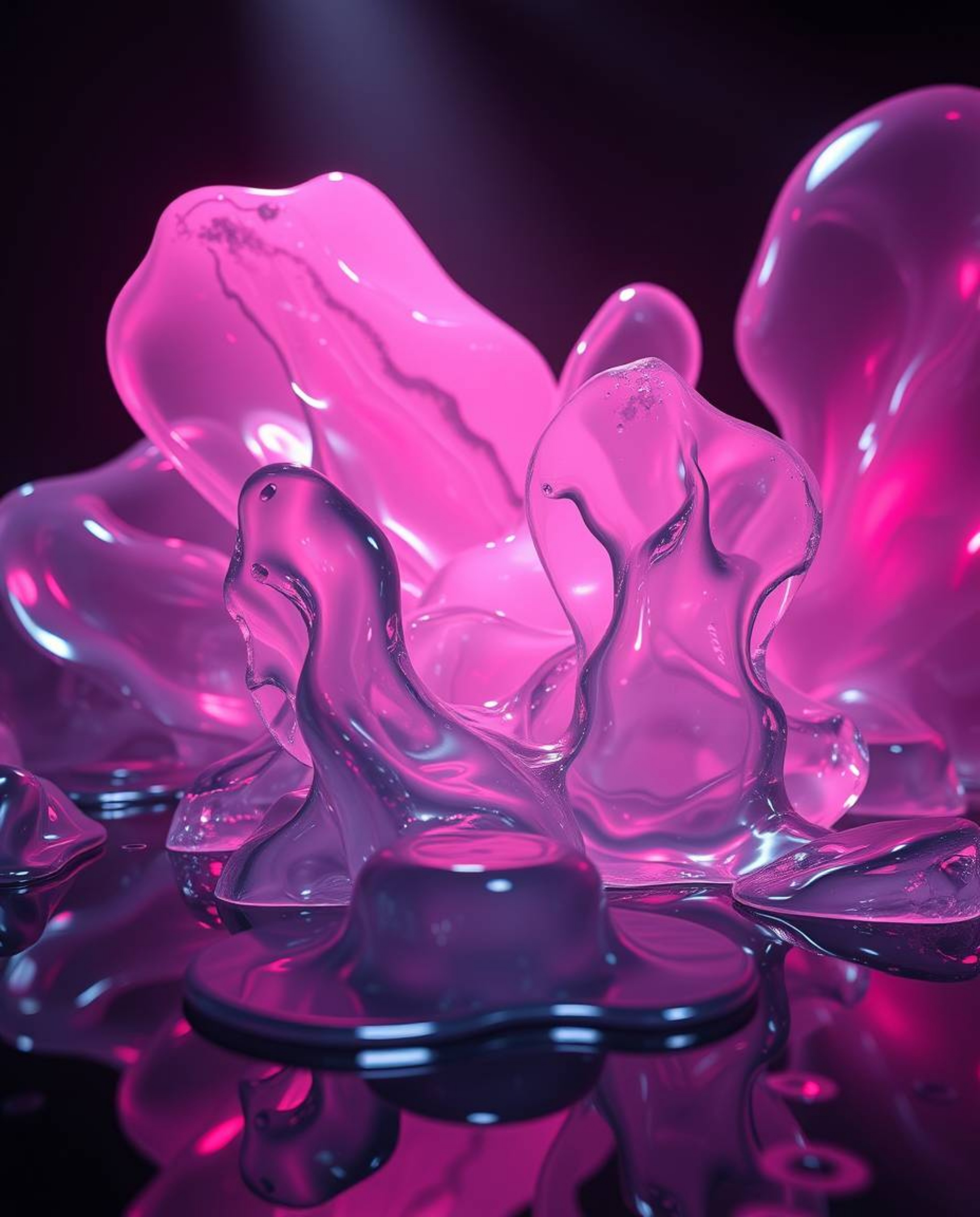 Explore a surreal sci-fi environment featuring hyperrealistic, melted glass shapes rendered in 3D. The scene utilizes high co