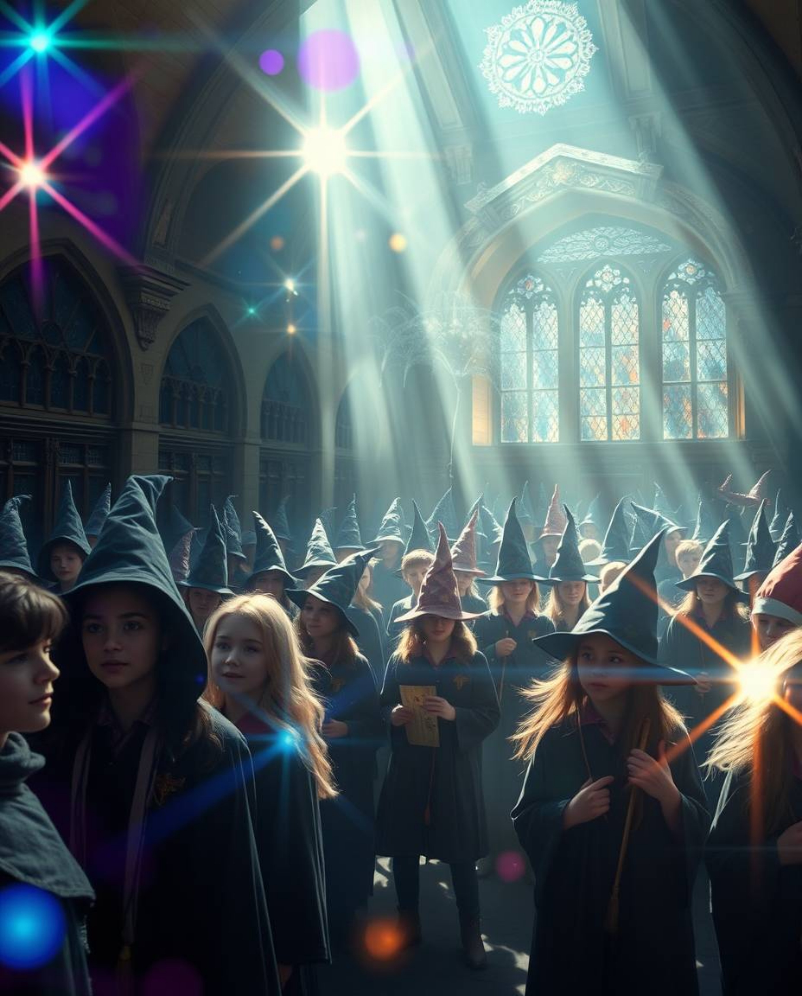 Step into a captivating photograph of a magical school brimming with young wizards. The image exudes an ethereal and spiritu
