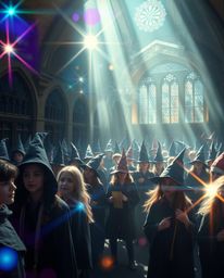 Step into a captivating photograph of a magical school brimming with young wizards.  The image exudes an ethereal and spiritu