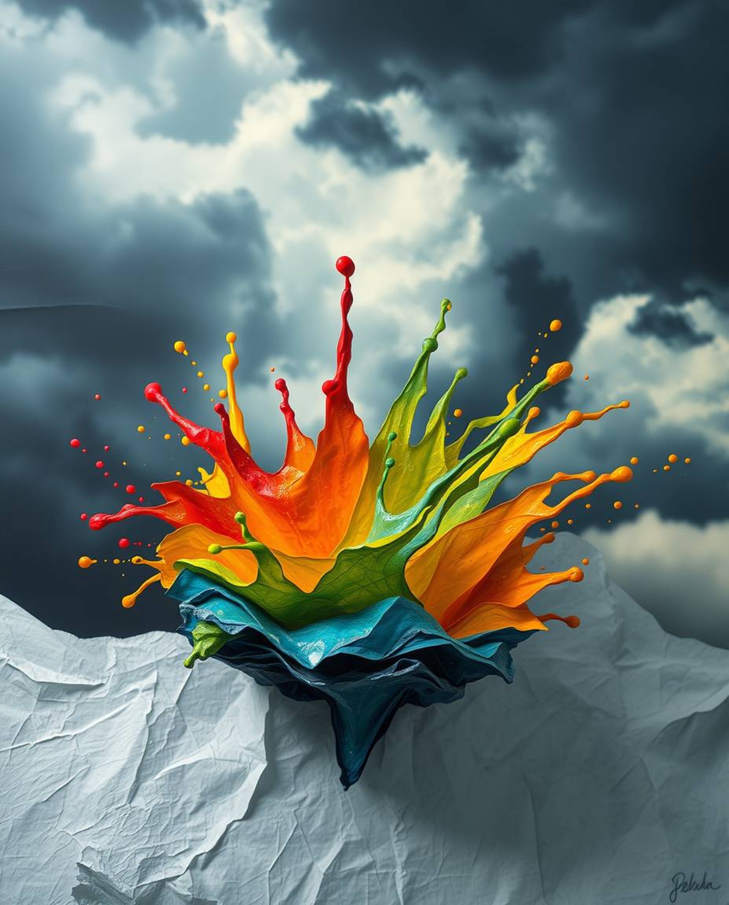 This layered papier-mâché artwork captures an intense and dramatic weather scene. A vibrant paint splash, frozen mid-air with