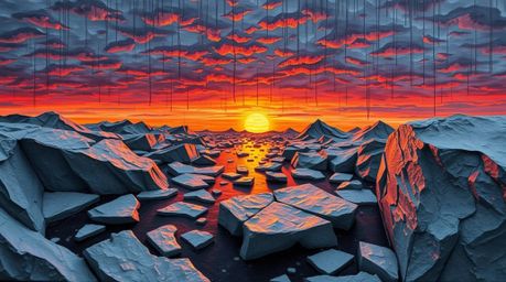 A stunning papier-mâché artwork captures a breathtaking bird's-eye view of a sunset over icy glaciers.  The textured piece de