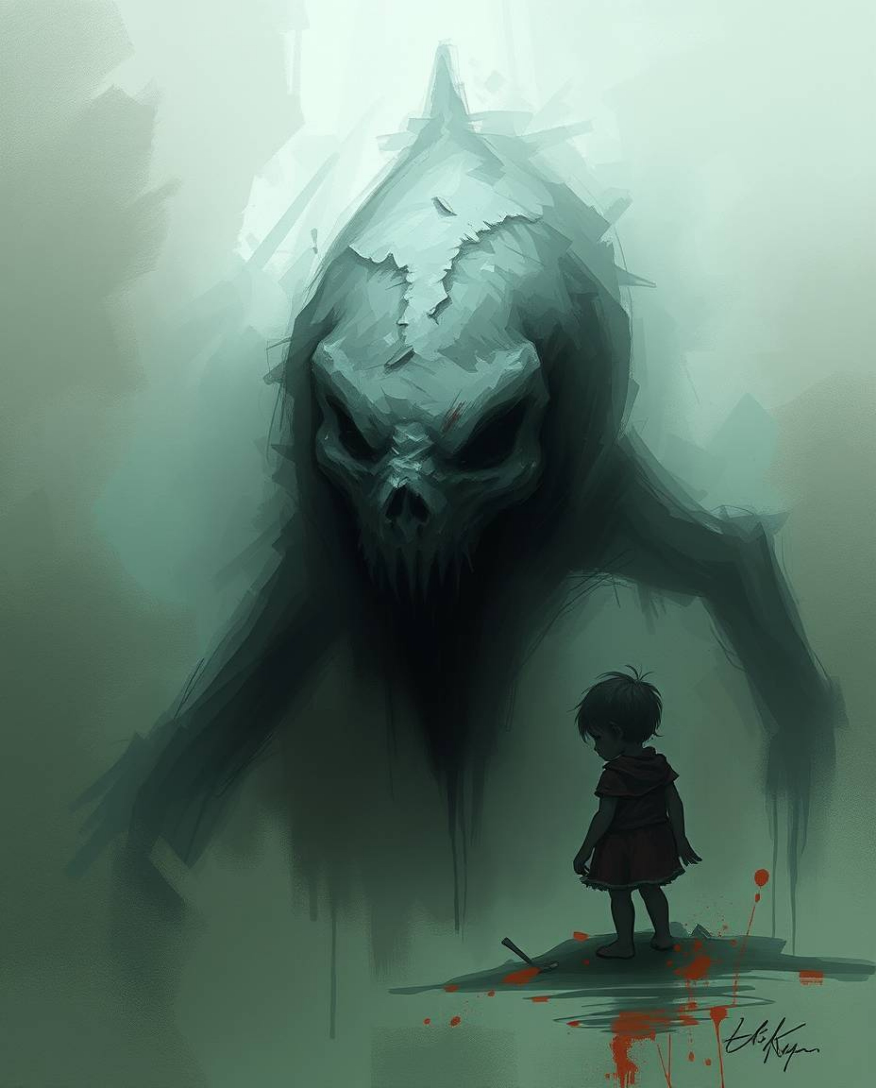 A captivating digital painting depicts an unsettling yet intriguing scene: a child befriending a mysterious sea creature. The
