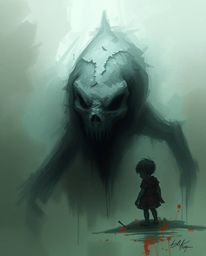 A captivating digital painting depicts an unsettling yet intriguing scene: a child befriending a mysterious sea creature. The