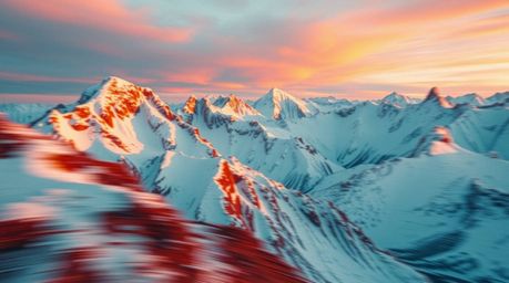This image showcases a dynamic contrast between warm terracotta and cool teal, depicting snow-covered mountains bathed in the
