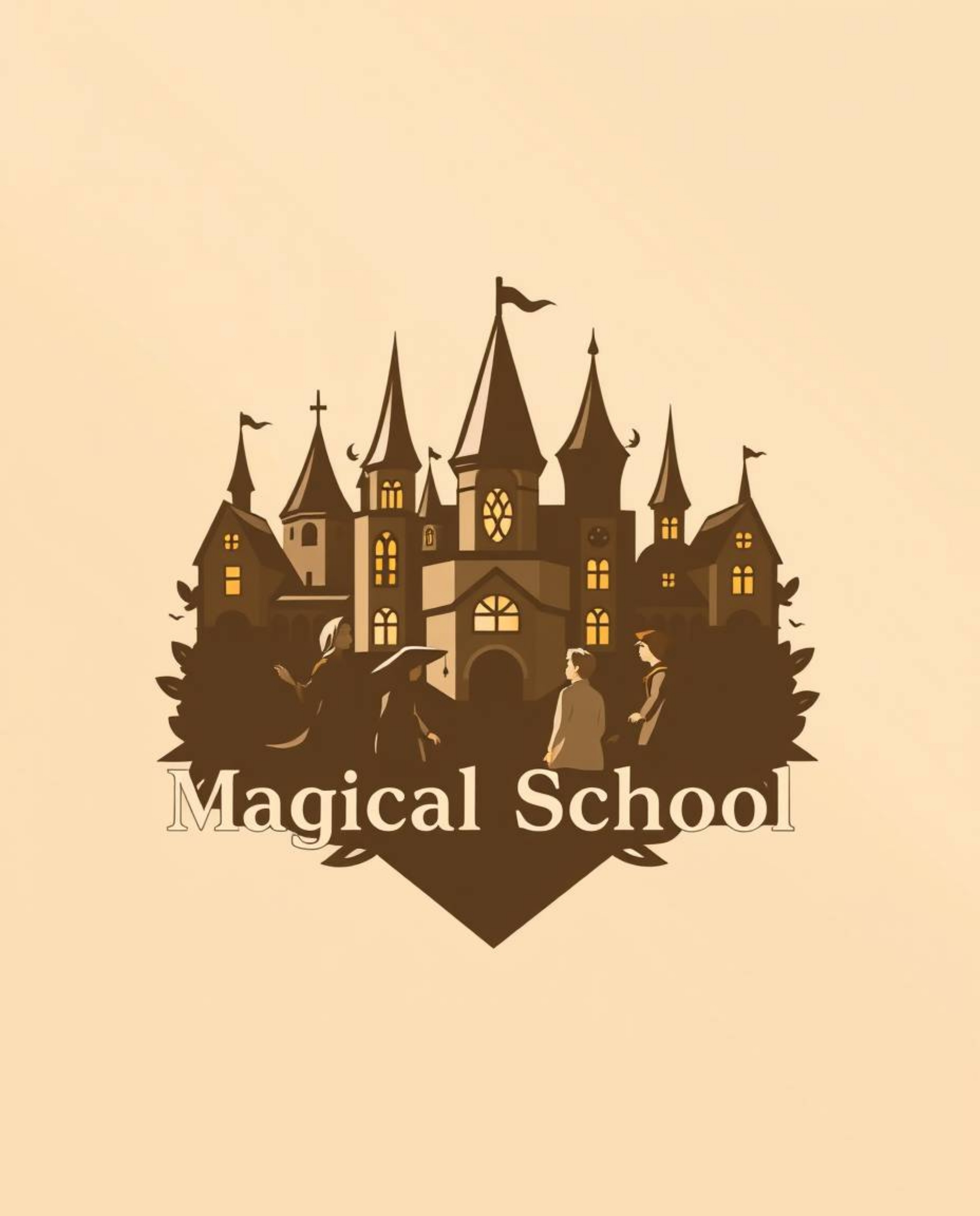 This artwork features a geometric logo design of a magical school brimming with young wizards. It utilizes natural earth tone