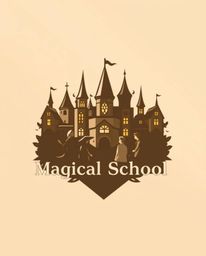 This artwork features a geometric logo design of a magical school brimming with young wizards. It utilizes natural earth tone