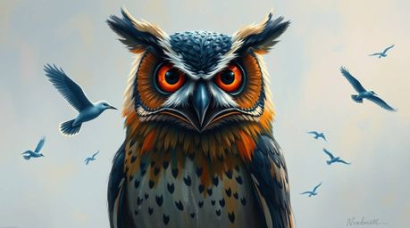 This artwork features a bold acrylic painting in the style of Pixar, depicting a blind owl teaching birds how to fly. The owl