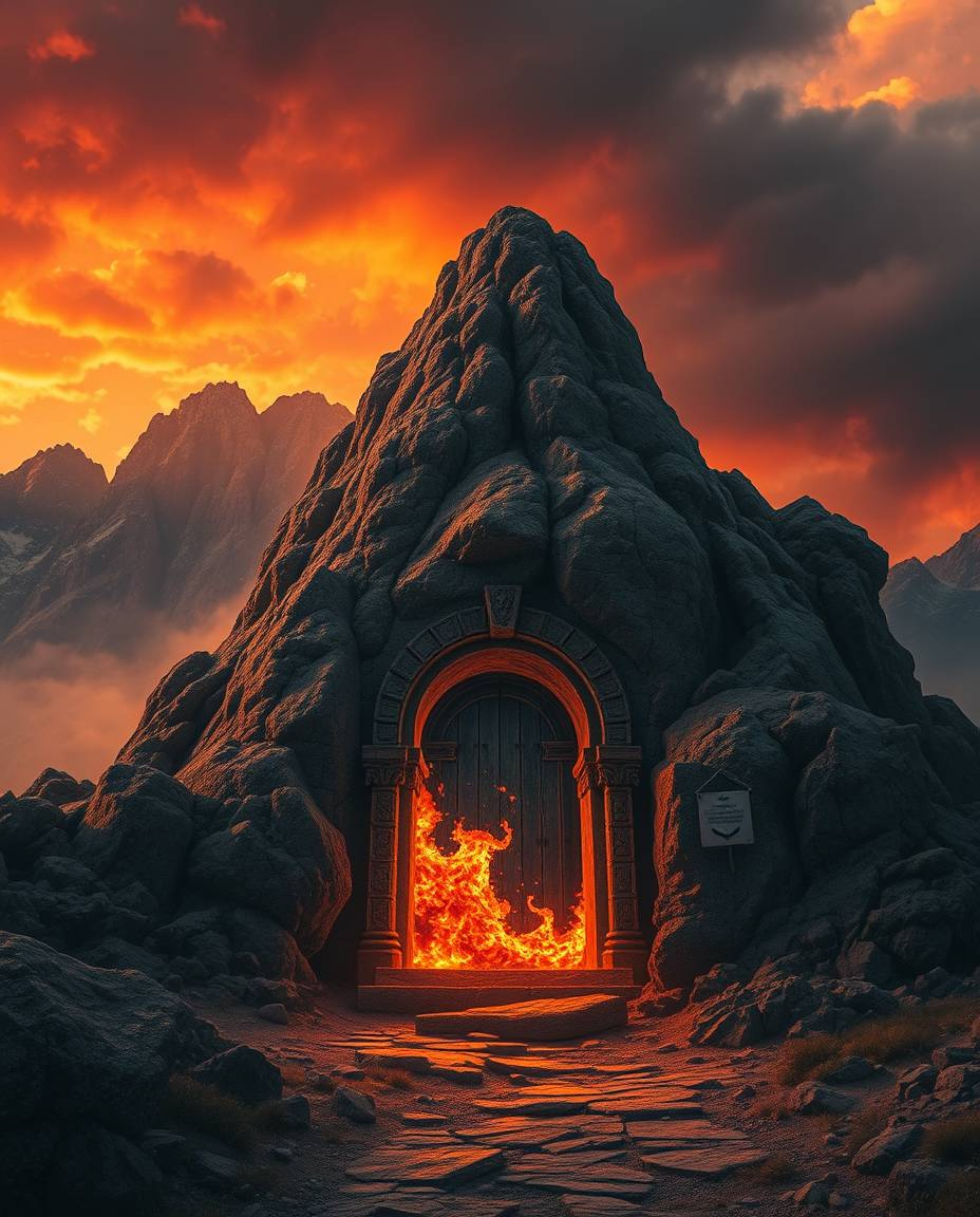 Experience warm, intense, and dramatic weather conditions surrounding an ancient doorway embedded within a rugged mountain. F