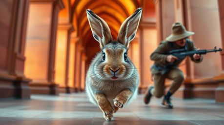 A wacky rabbit with detailed fur and expressive eyes is the subject of this visually striking image, outrunning a hunter in a