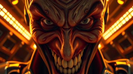 An image showcasing a villain's face in extreme close-up, capturing a moment of funny breakdown within a high-tech lair.  The