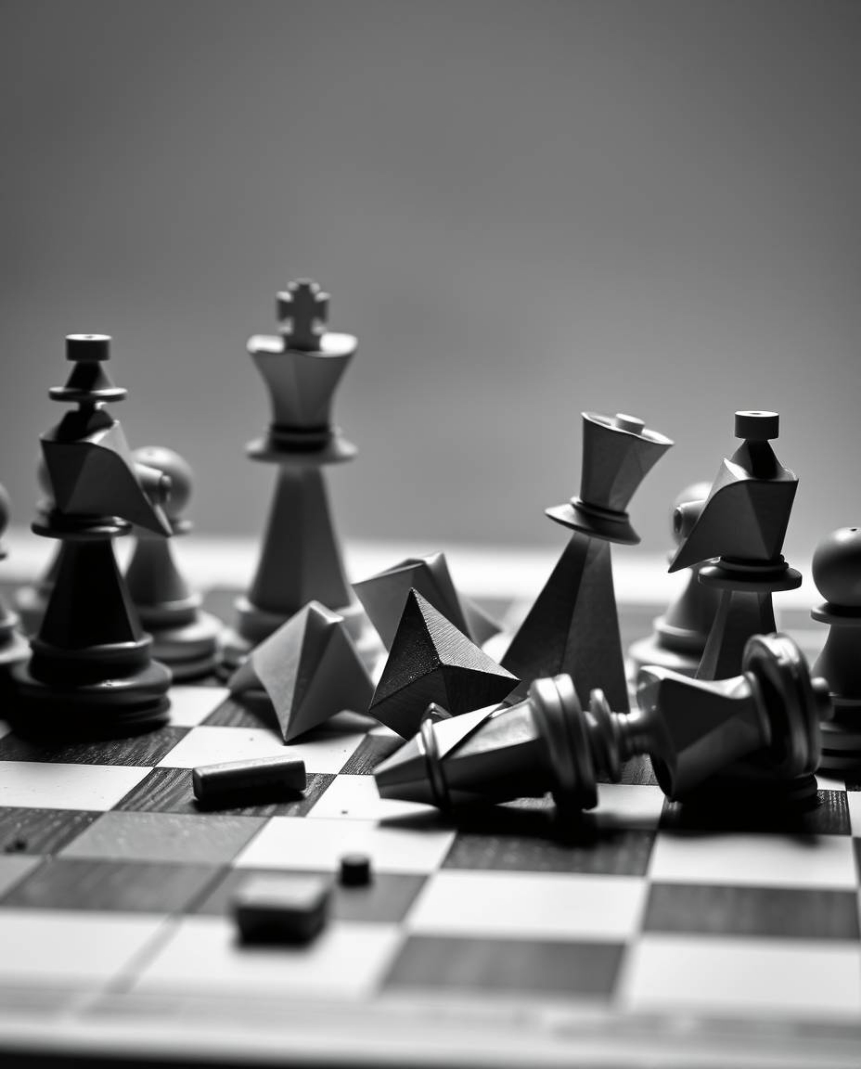 A captivating image of a chessboard frozen mid-destruction, rendered in intricate black and white origami style.  The pieces 