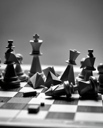 A captivating image of a chessboard frozen mid-destruction, rendered in intricate black and white origami style.  The pieces 