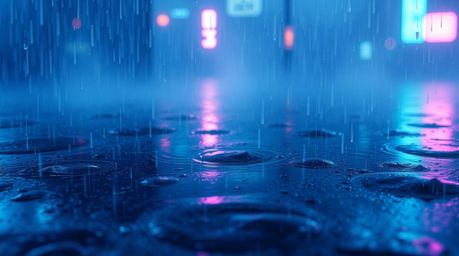 Experience a captivating digital art piece depicting a wet, rainy scene imbued with an ethereal, spiritual vibe. Neon gradien