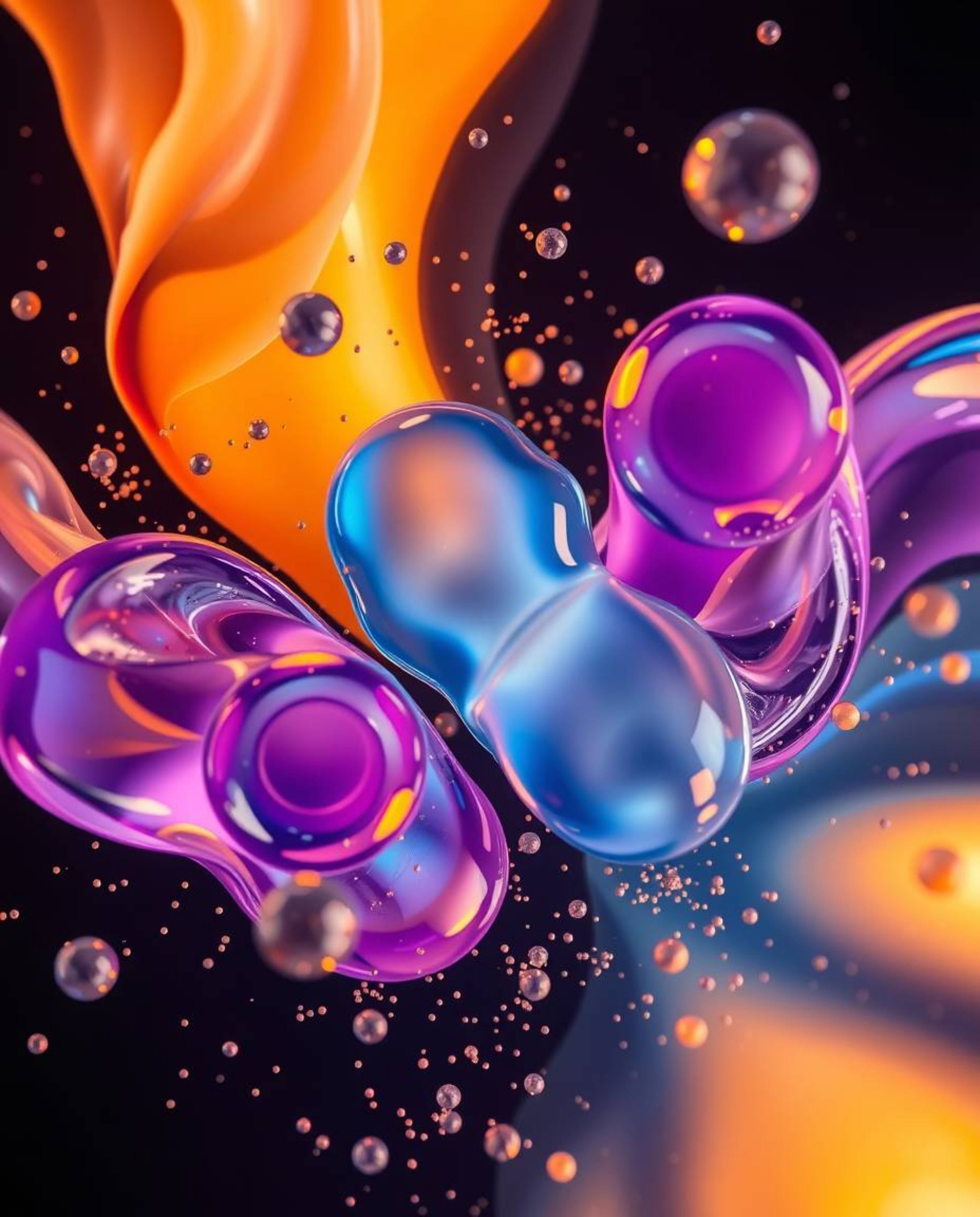 A mesmerizing high-angle photograph captures the essence of glassy, fluid 3D shapes gracefully dancing in motion, enveloped b