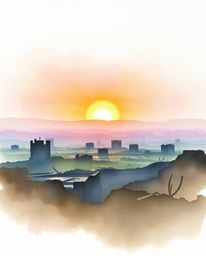A delicate watercolor painting depicts a serene sunrise over a war-torn landscape.  Soft pastel colors, translucent washes, a