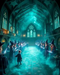 Discover a magical school brimming with young wizards, radiating a rich, deep teal ethereal aura.  Experience the luxurious, 