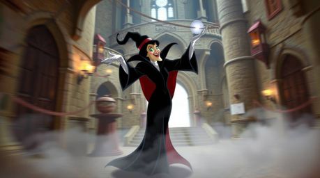 A captivating image depicting a classic Disney villain in a dynamic pose, casting a spell within the mystical walls of an old