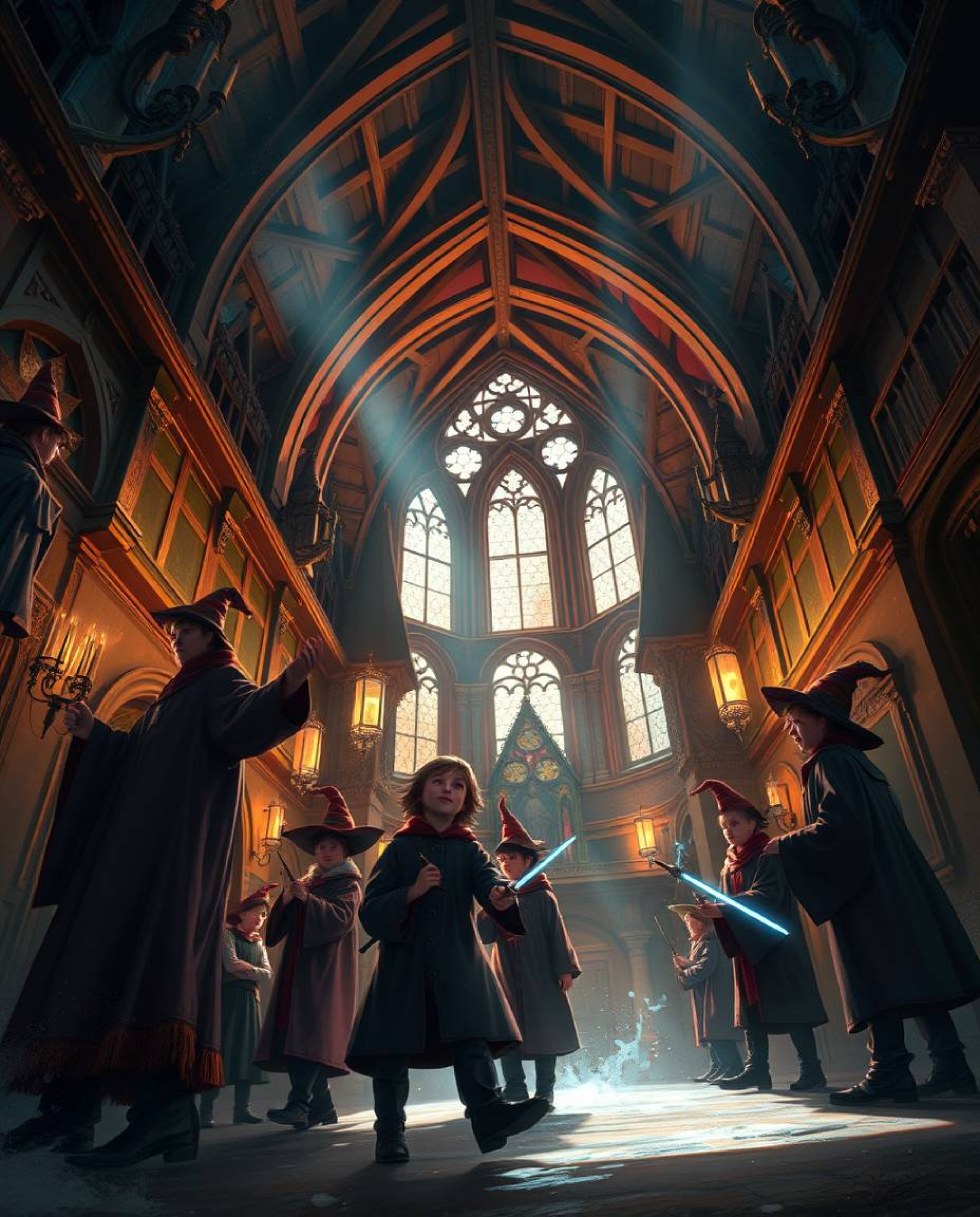Explore a breathtaking digital painting showcasing a magical school teeming with young wizards, captured from a dramatic low 