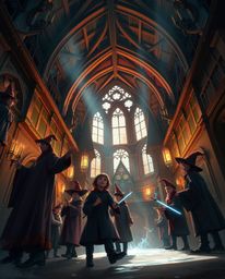 Explore a breathtaking digital painting showcasing a magical school teeming with young wizards, captured from a dramatic low 