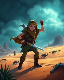 Embark on a thrilling Disney-style desert adventure with a brave hero facing intense dramatic weather. Experience stormy skie