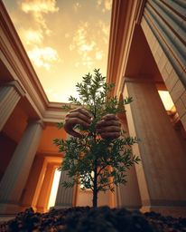 A precise architectural color photograph captures graceful hands planting a tree beneath a vibrant golden sky.  The image sho