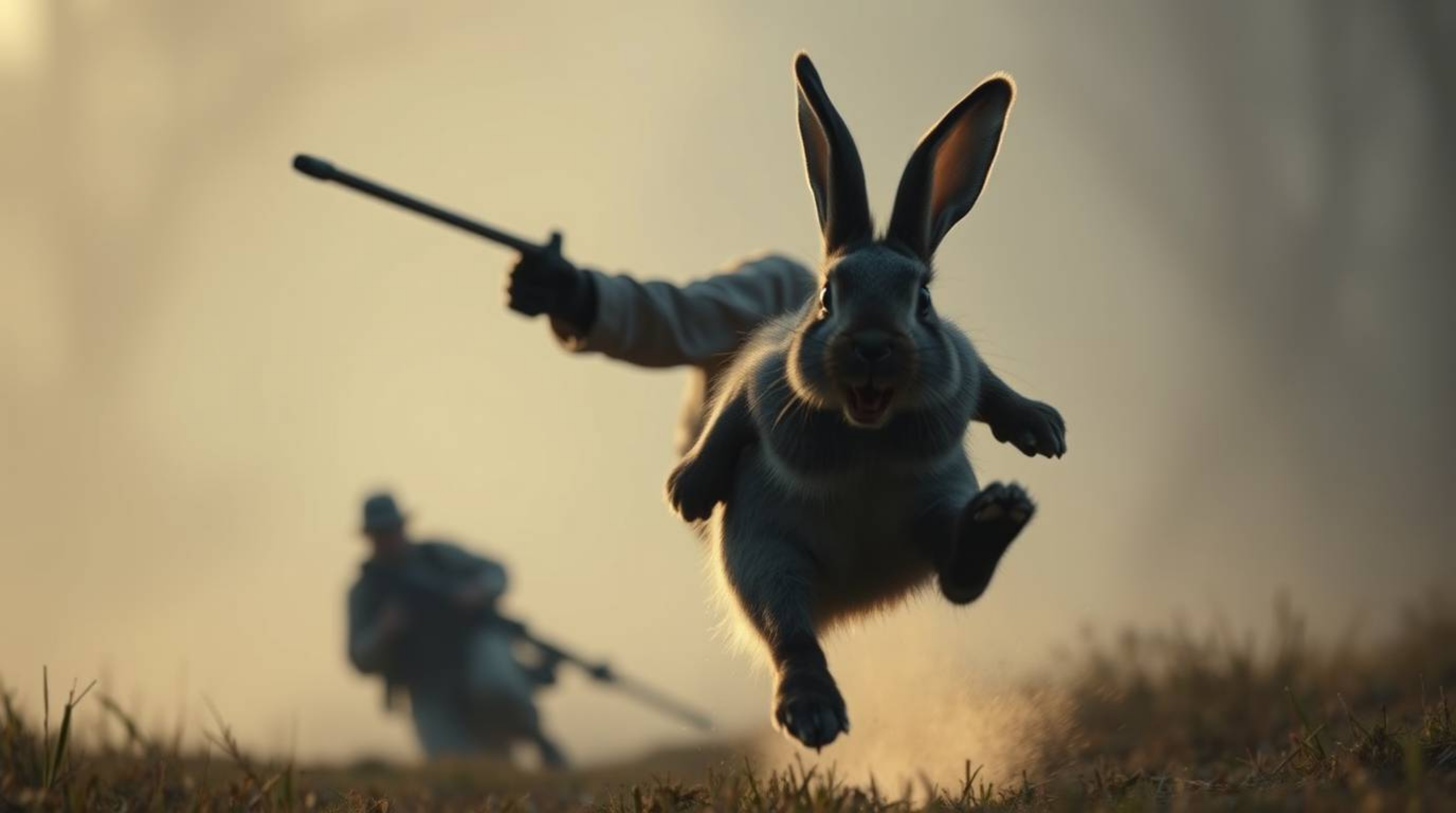 A cinematic still depicting a wacky rabbit outrunning a hunter in a scene filled with slapstick humor. The image features low