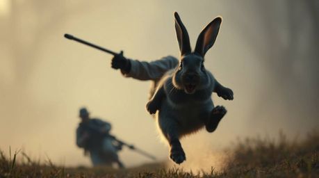 A cinematic still depicting a wacky rabbit outrunning a hunter in a scene filled with slapstick humor. The image features low